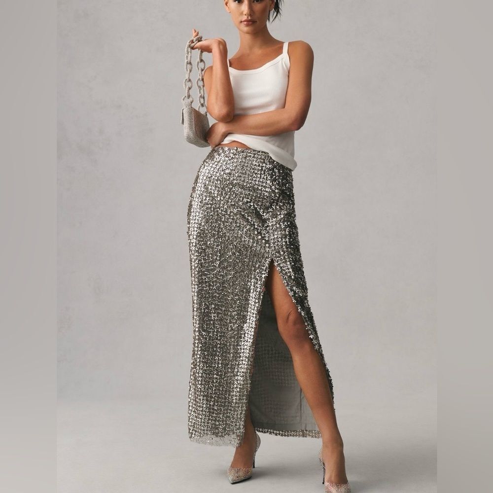 Anthropologie Not So Serious/Let Me Be Sequin Slit Maxi Skirt in Silver